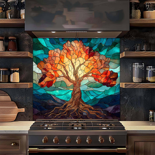Colorful tree design on a kitchen backsplash above a stove.
