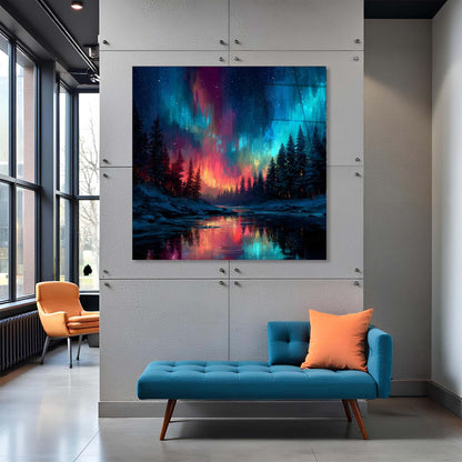 Modern interior with a colorful abstract painting of a forest and lake.