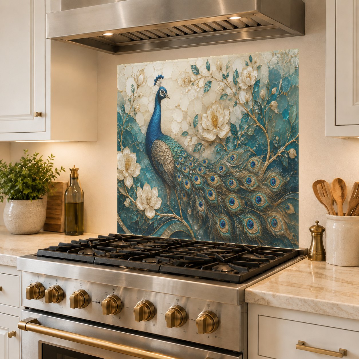 Modern kitchen island wall featuring a stunning peacock elegance tempered glass backsplash panel.