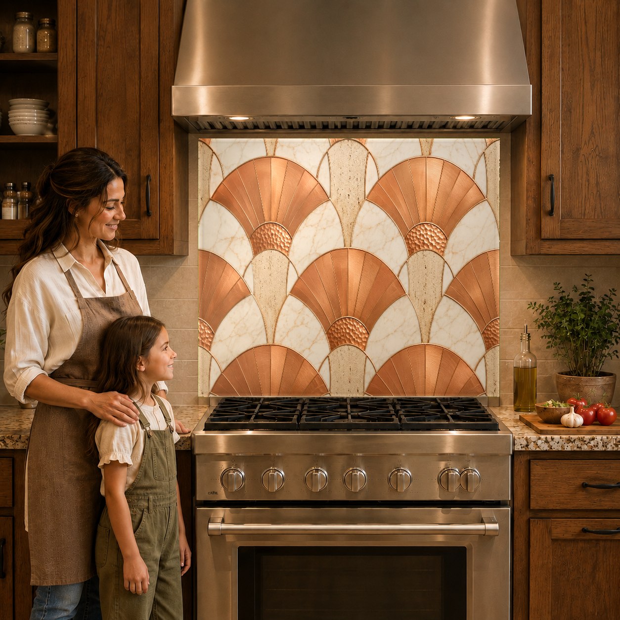Close-up of a metallic copper abstract glass backsplash panel installed behind a sleek induction cooktop.