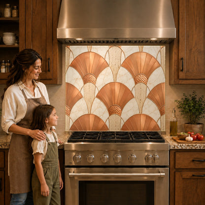 Close-up of a metallic copper abstract glass backsplash panel installed behind a sleek induction cooktop.