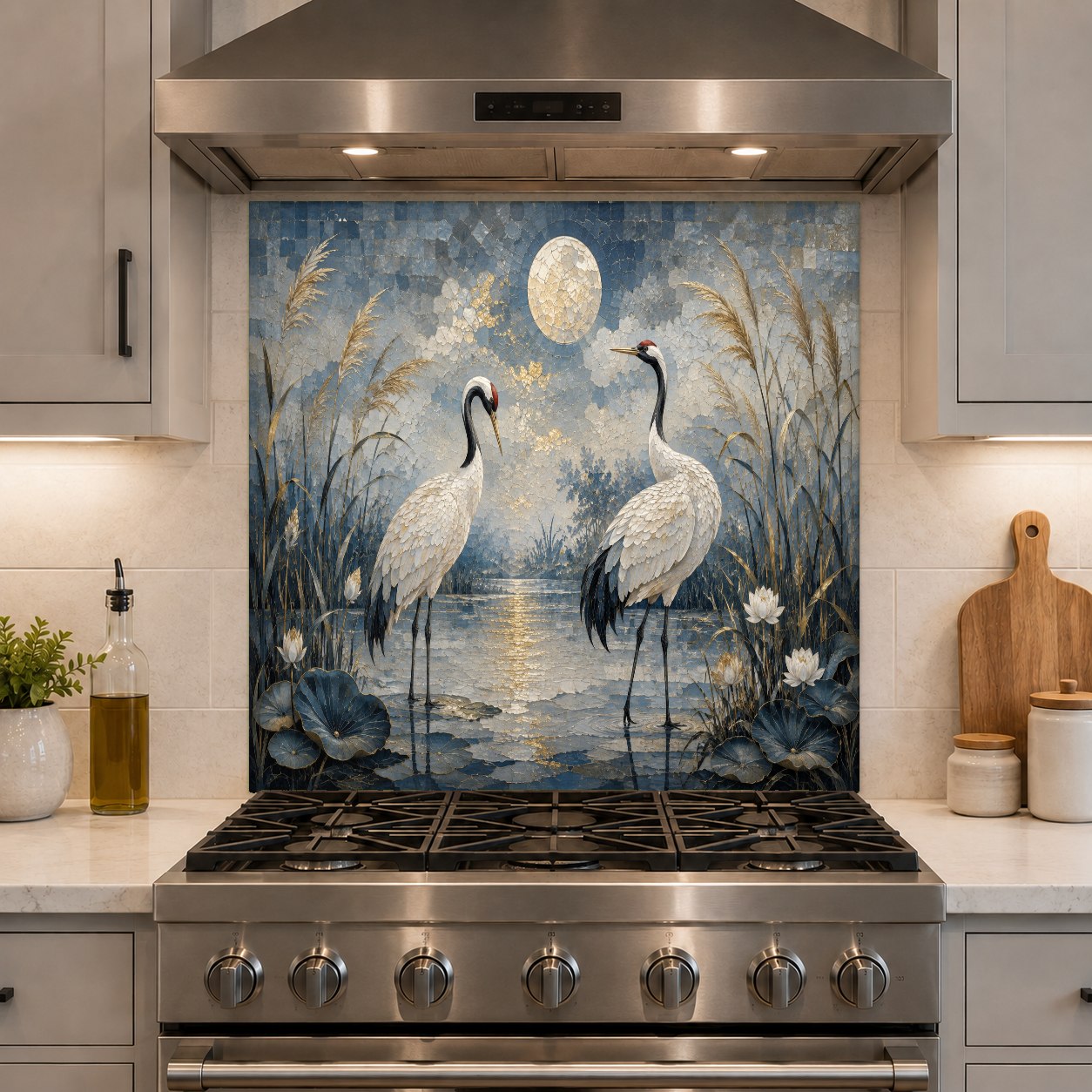 Heat-resistant glass backsplash featuring elegant cranes and moon installed as a protective stove splash guard.