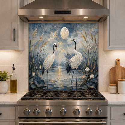 Heat-resistant glass backsplash featuring elegant cranes and moon installed as a protective stove splash guard.