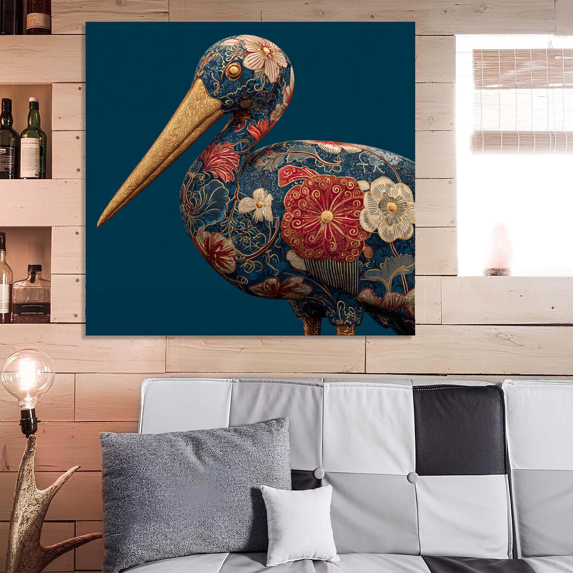 Decorative painting of a stylized bird with floral patterns on a wall above a sofa.
