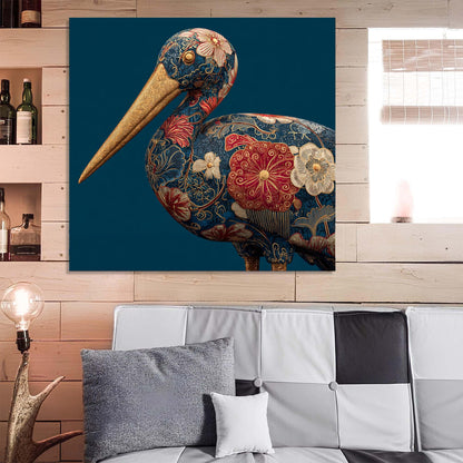 Decorative painting of a stylized bird with floral patterns on a wall above a sofa.