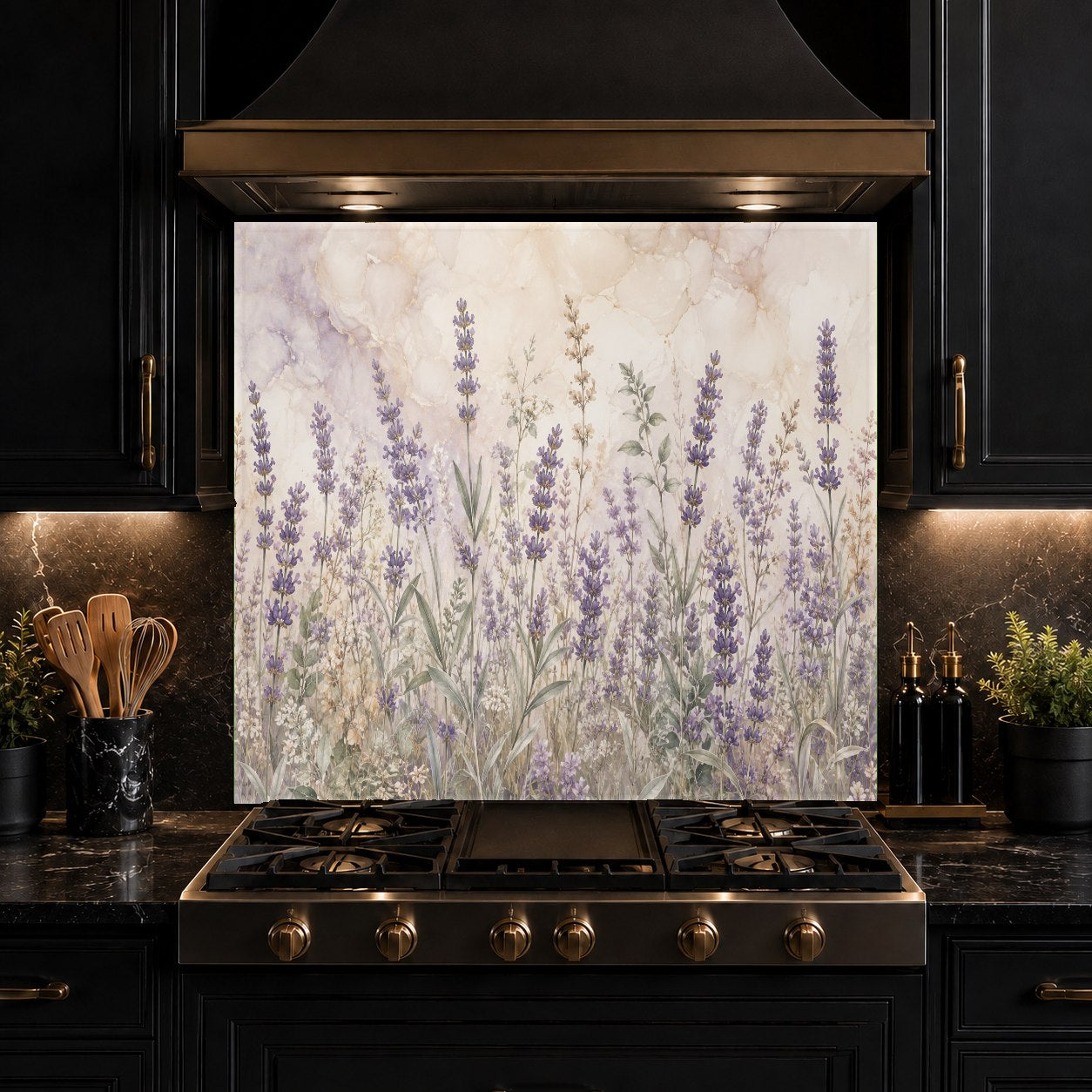 Stunning botanical lavender glass backsplash panel mounted on a light gray kitchen wall behind the stove.