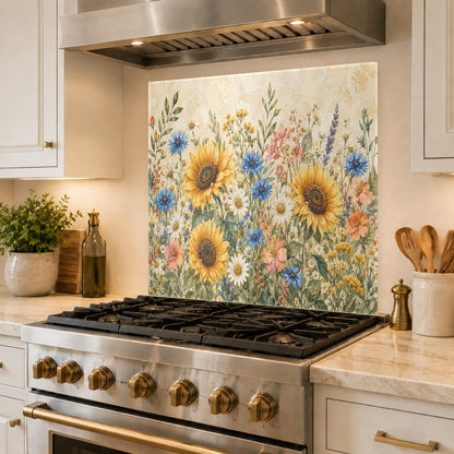 Rustic kitchen interior with a sunflower-themed tempered glass backsplash panel behind a slide-in electric range.