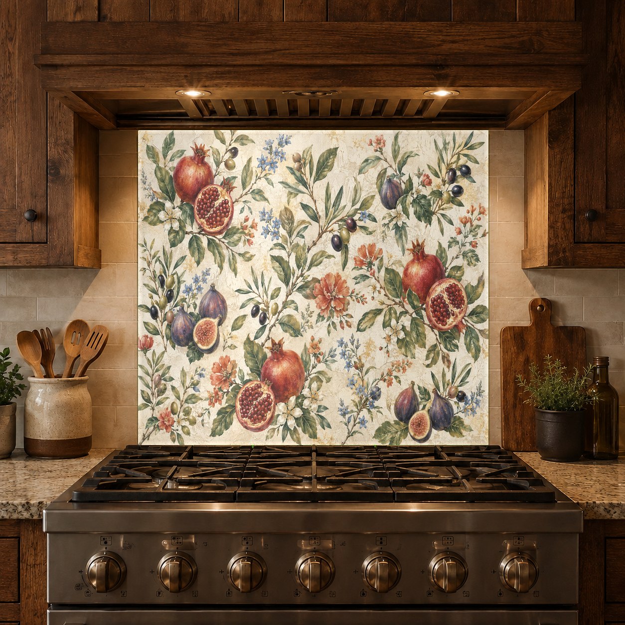 Custom-sized pomegranate glass backsplash panel mounted securely on a contemporary kitchen island wall.
