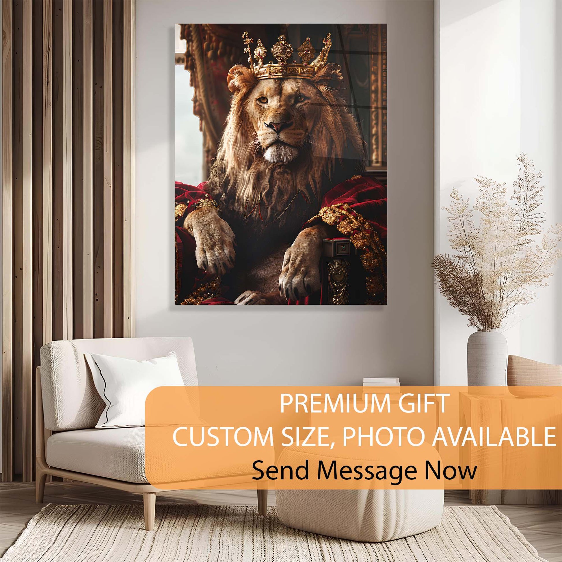 Decorative wall art of a lion with a crown in a living room setting.