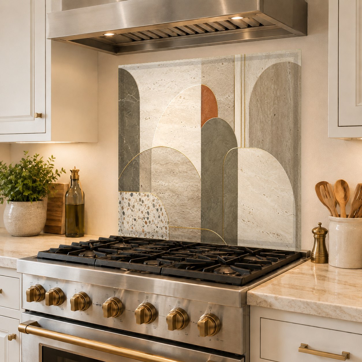 Stunning kitchen stove splash guard in Abstract Flow design, reflecting natural light.