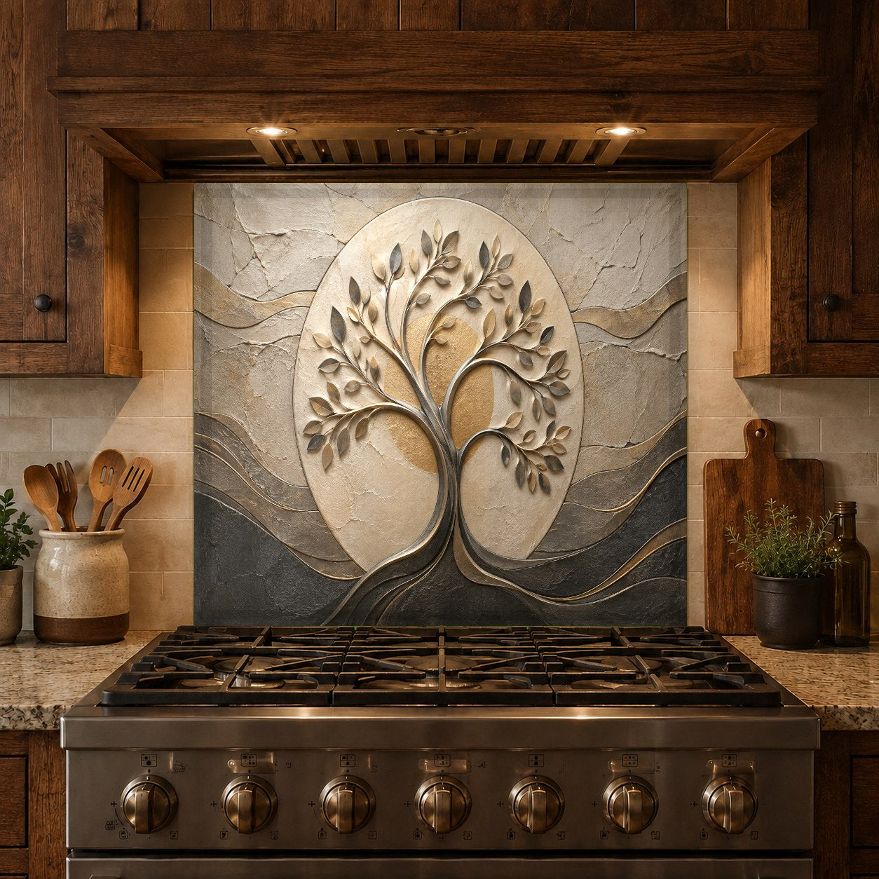 Modern kitchen remodel showcasing a sleek tempered glass tree backsplash