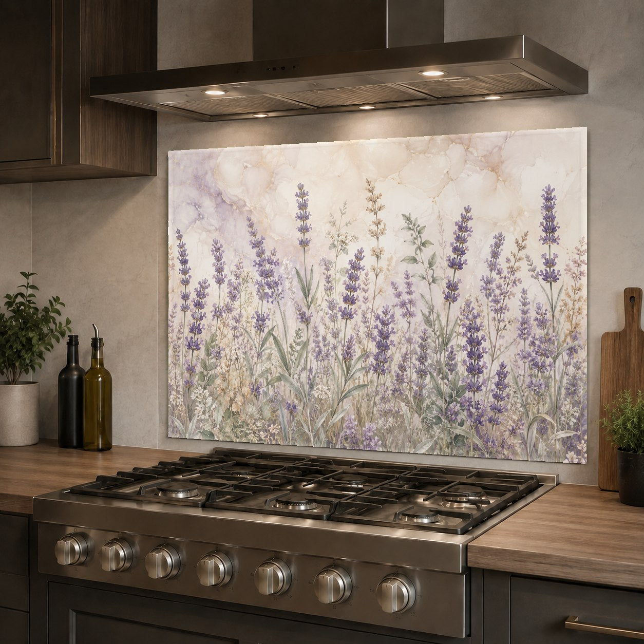 Close-up of a glossy heat-resistant glass backsplash with a scenic lavender meadow print in a cozy kitchen.