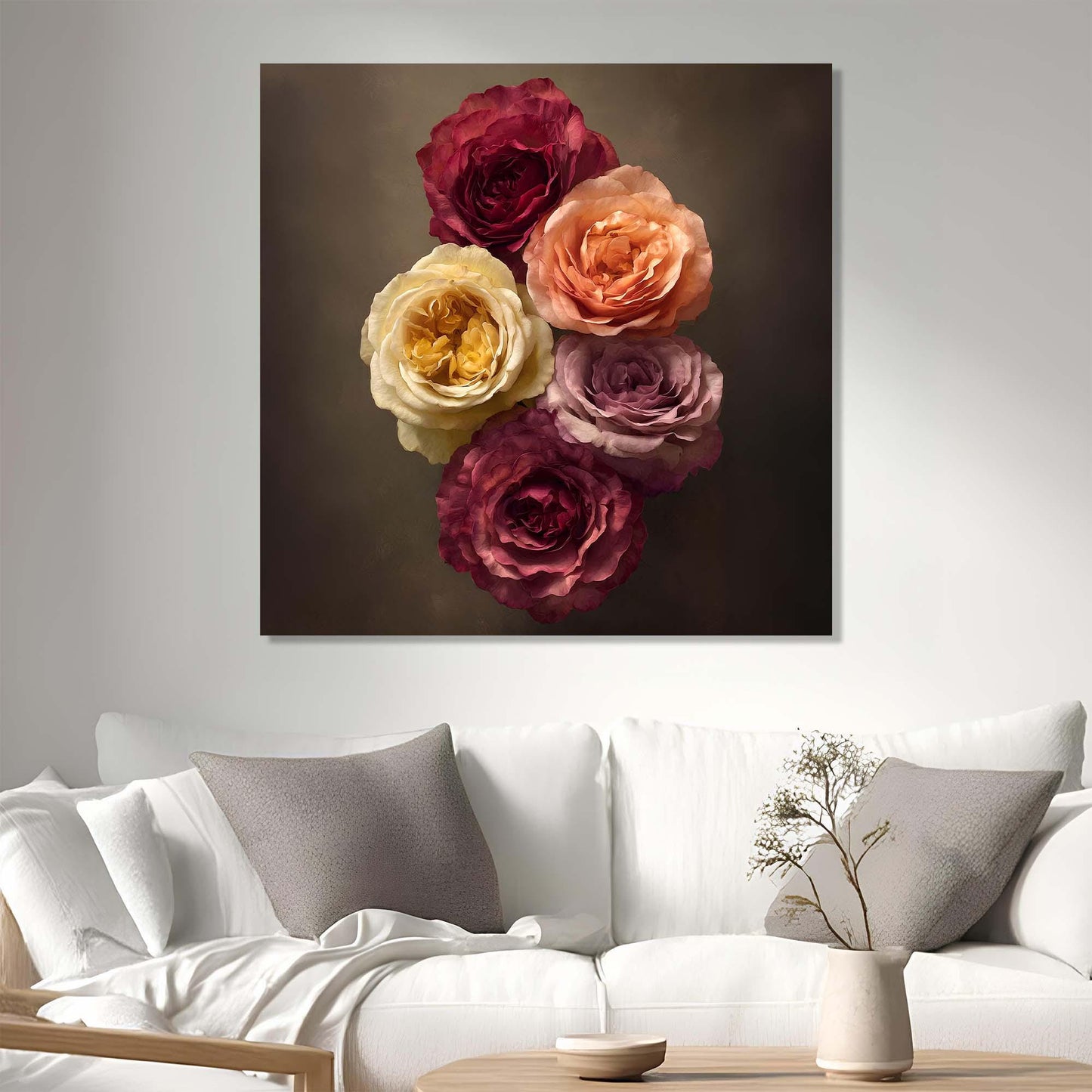 Floral painting above a white sofa in a living room