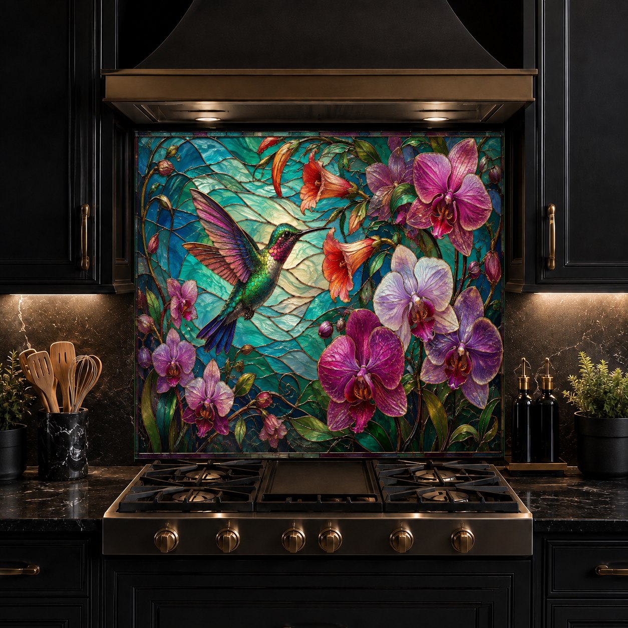 Custom-fitted Orchid Hummingbird tempered glass backsplash protecting the wall behind a sleek kitchen island stove.