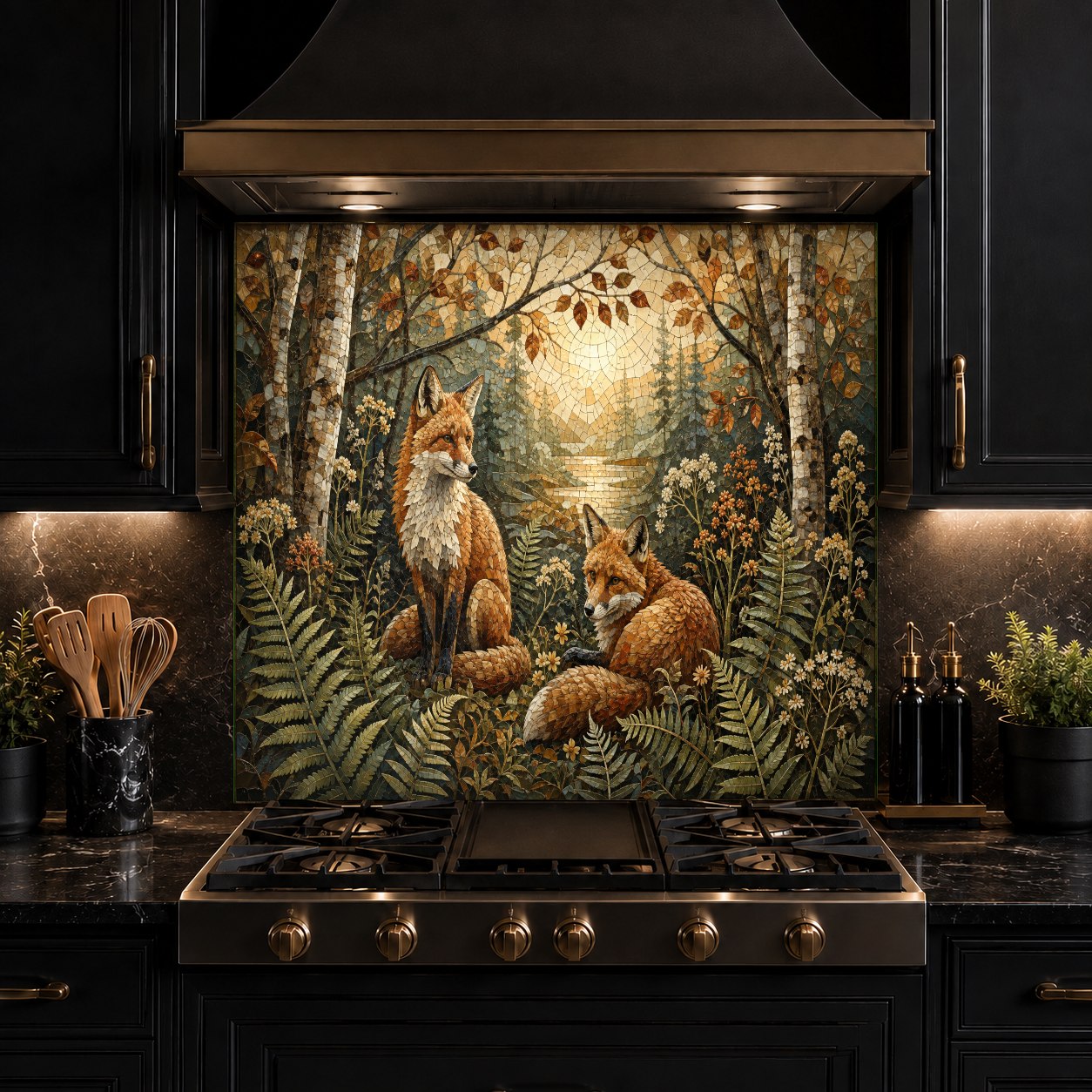 Durable wildlife-themed glass kitchen backsplash guard installed over tile in a rustic style kitchen.