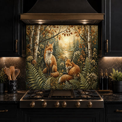 Durable wildlife-themed glass kitchen backsplash guard installed over tile in a rustic style kitchen.