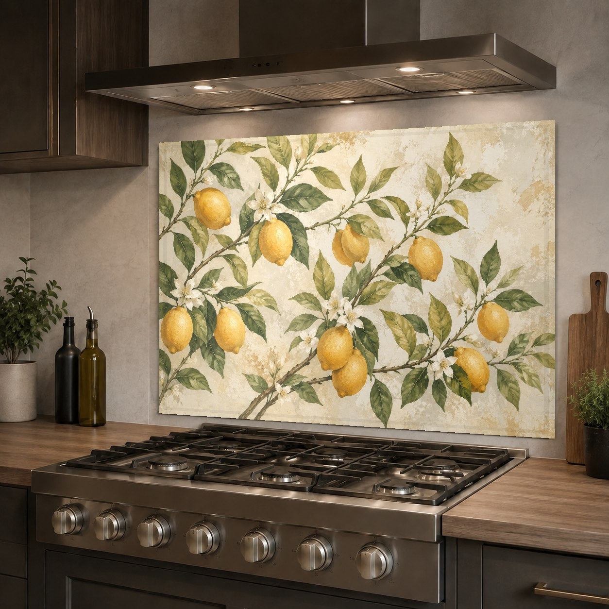 Mediterranean citrus themed glass backsplash panel placed behind a farmhouse style kitchen sink.