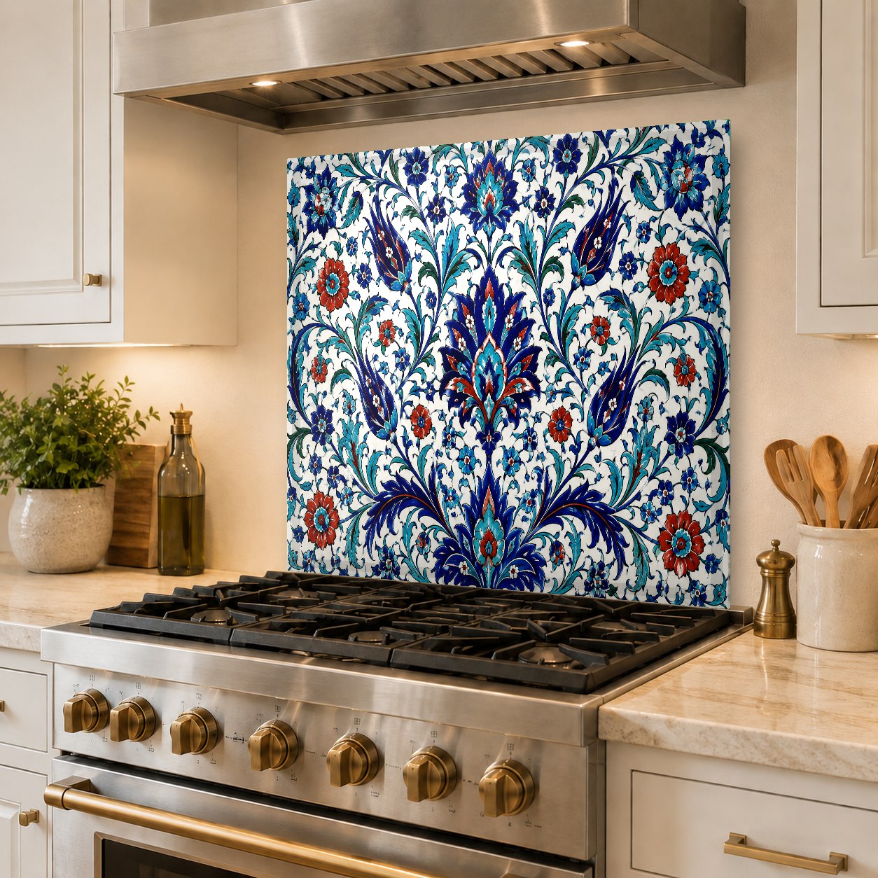 Stunning blue and white mosaic glass backsplash panel serving as a gorgeous focal point behind a professional range.