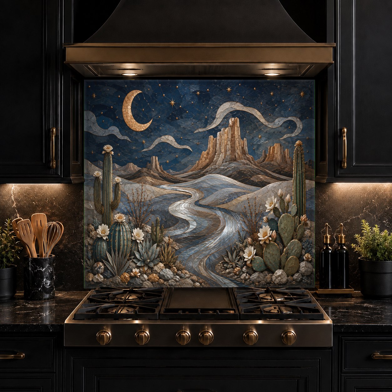 Custom size tempered glass kitchen backsplash panel with a beautiful desert night design protecting kitchen walls.