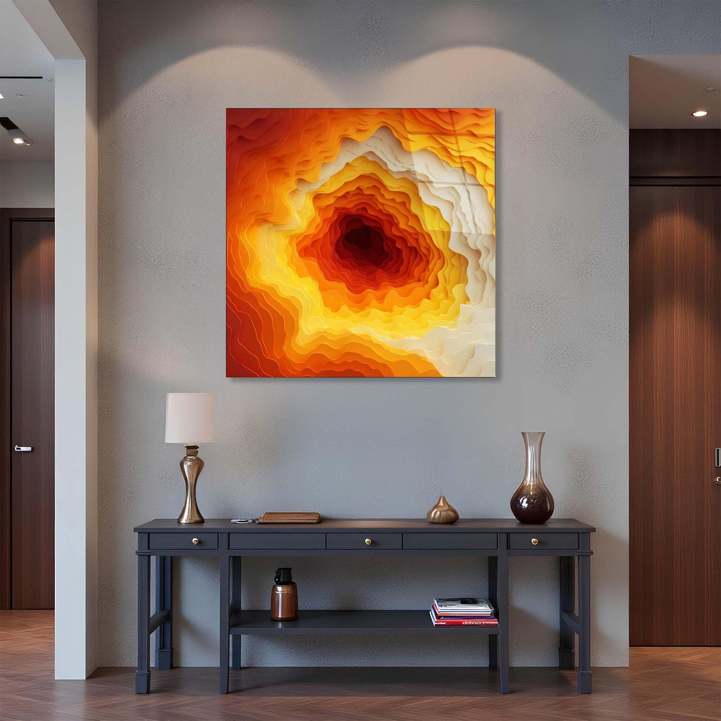Colorful abstract painting on a wall above a dark wooden console table with decorative items.