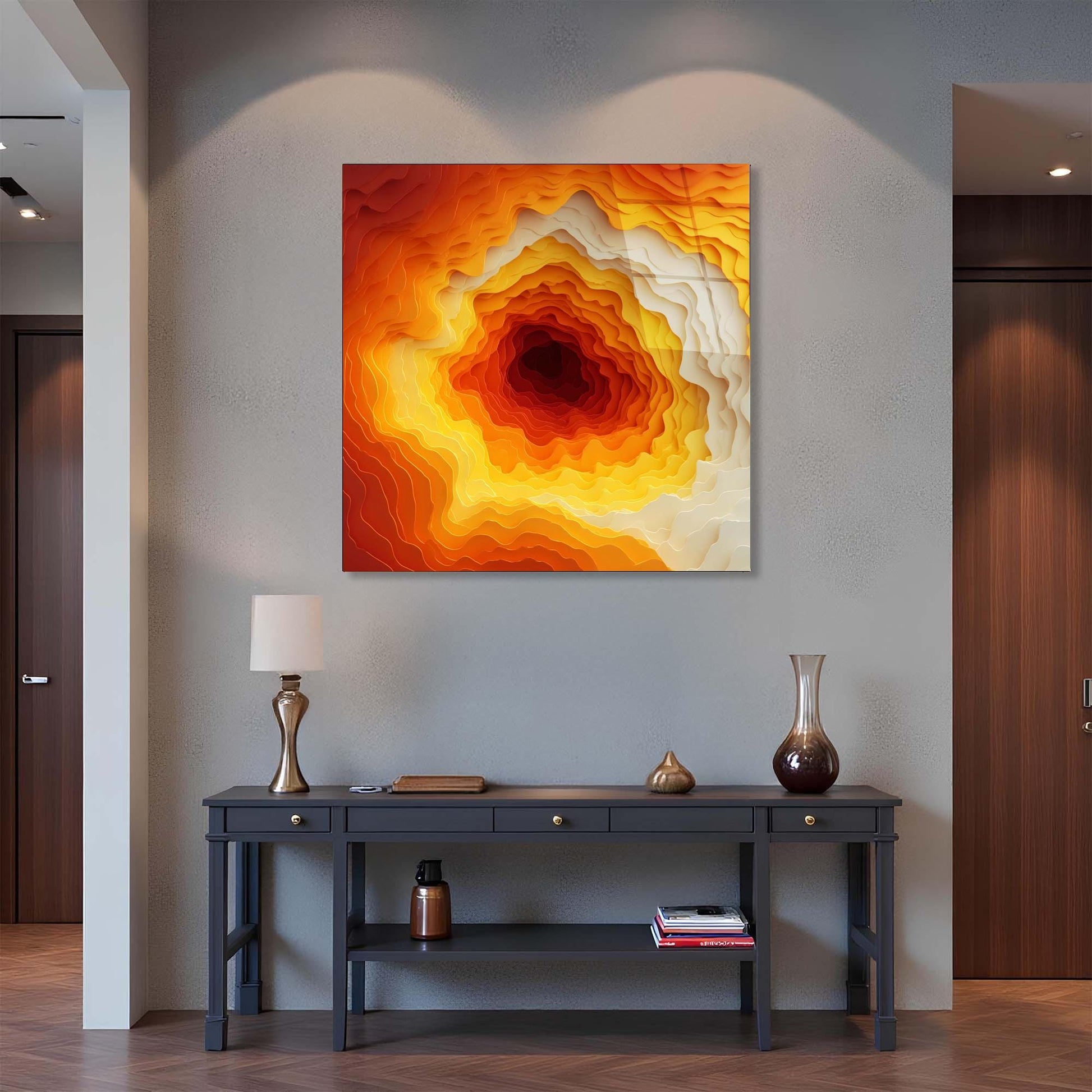 Colorful abstract painting on a wall above a dark wooden console table with decorative items.