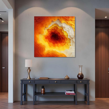 Colorful abstract painting on a wall above a dark wooden console table with decorative items.
