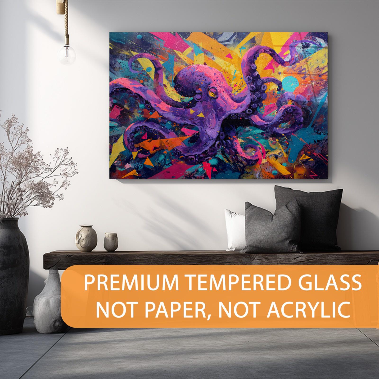 Colorful abstract octopus painting on a wall with decorative elements below.