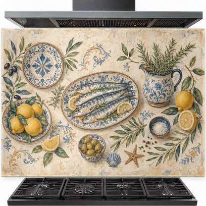 Lemon and fish tempered glass backsplash installed behind a professional gas stove in a bright Mediterranean kitchen.