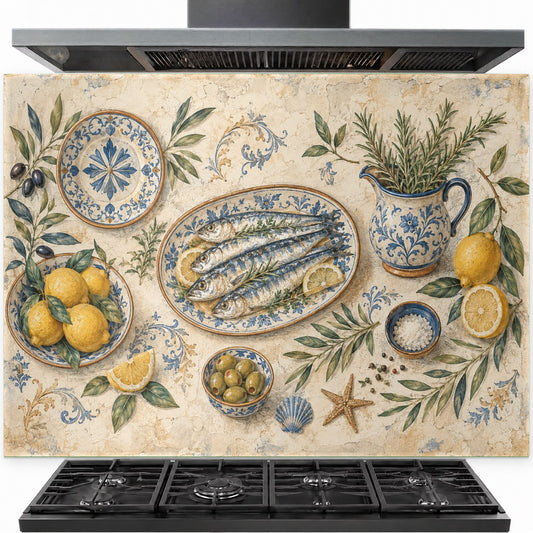 Lemon and fish tempered glass backsplash installed behind a professional gas stove in a bright Mediterranean kitchen.