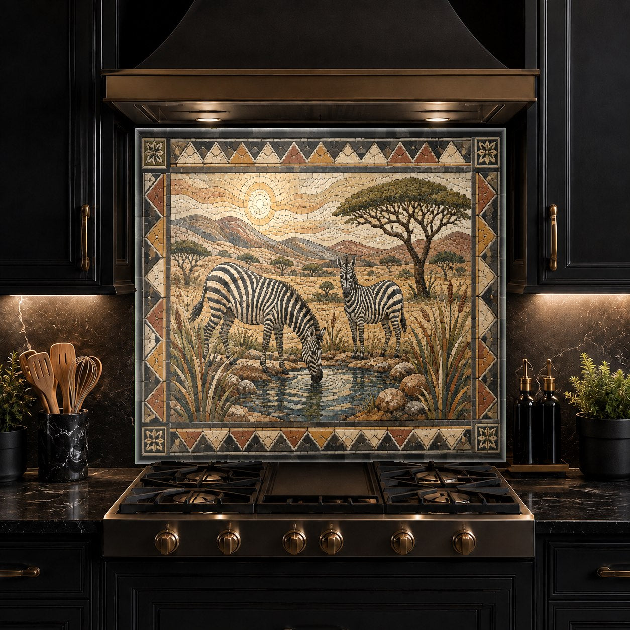 Grout-free zebra glass backsplash panel highlighting a kitchen prep area