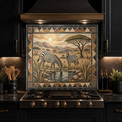 Grout-free zebra glass backsplash panel highlighting a kitchen prep area