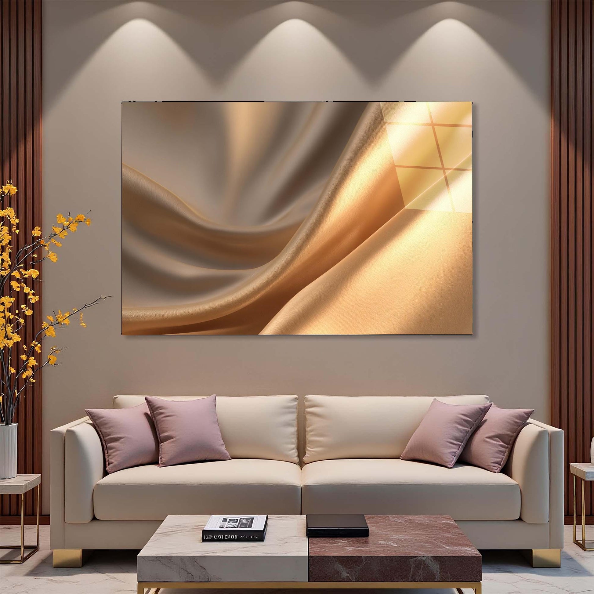 Modern living room with a beige sofa, abstract painting, and decorative elements.