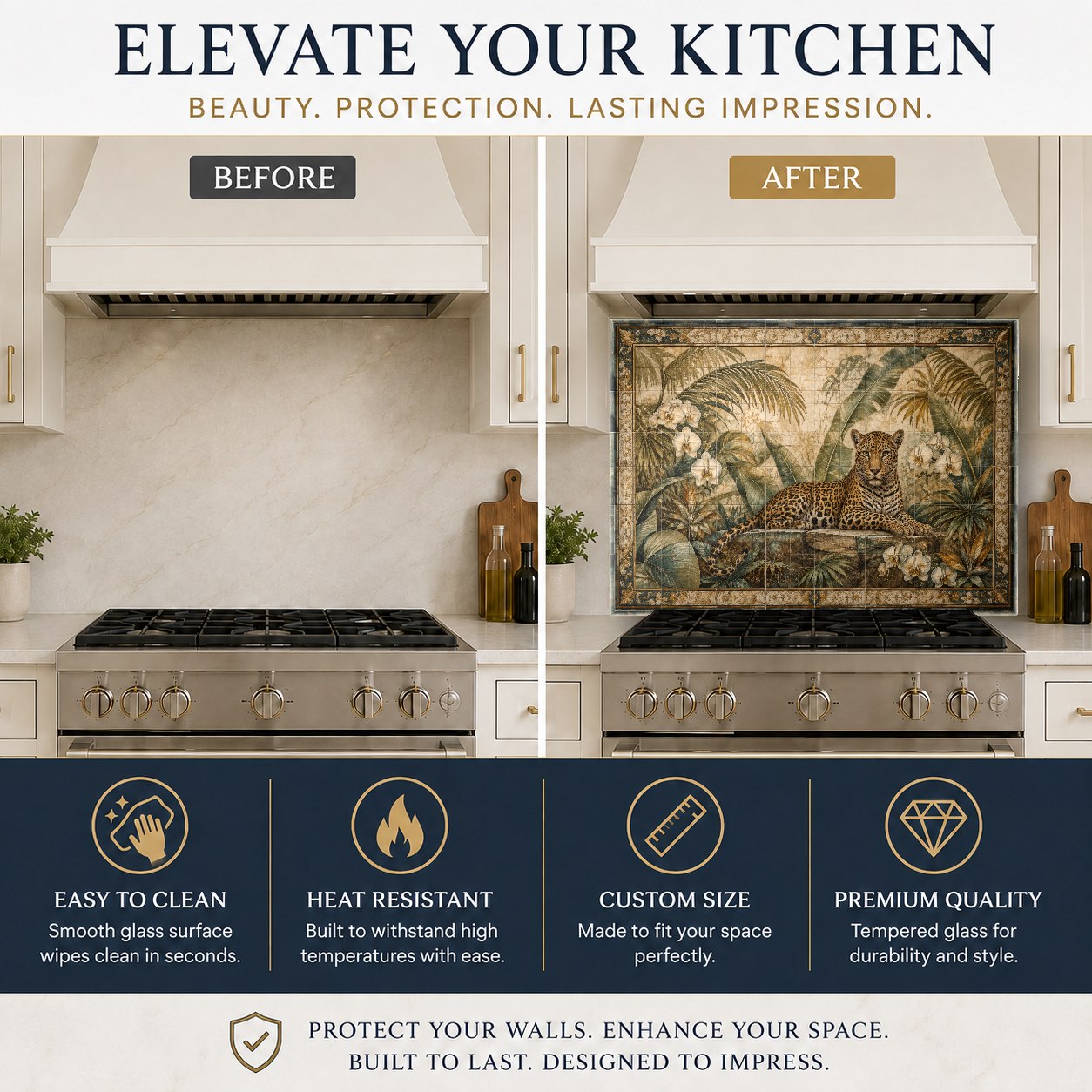 Wild leopard kitchen glass backsplash behind a stainless steel sink
