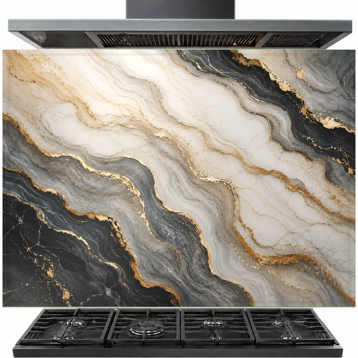 Marble Flow tempered glass backsplash panel installed behind a modern gas stove in a luxury kitchen.