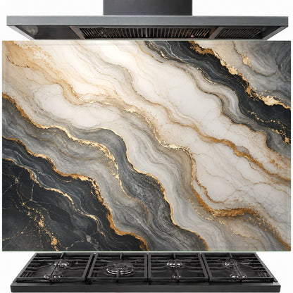 Marble Flow tempered glass backsplash panel installed behind a modern gas stove in a luxury kitchen.