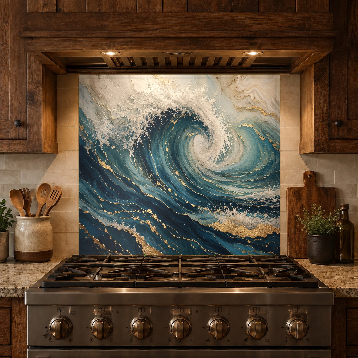 Hygienic and grout-free ocean wave glass backsplash behind a kitchen sink with a brushed nickel faucet.