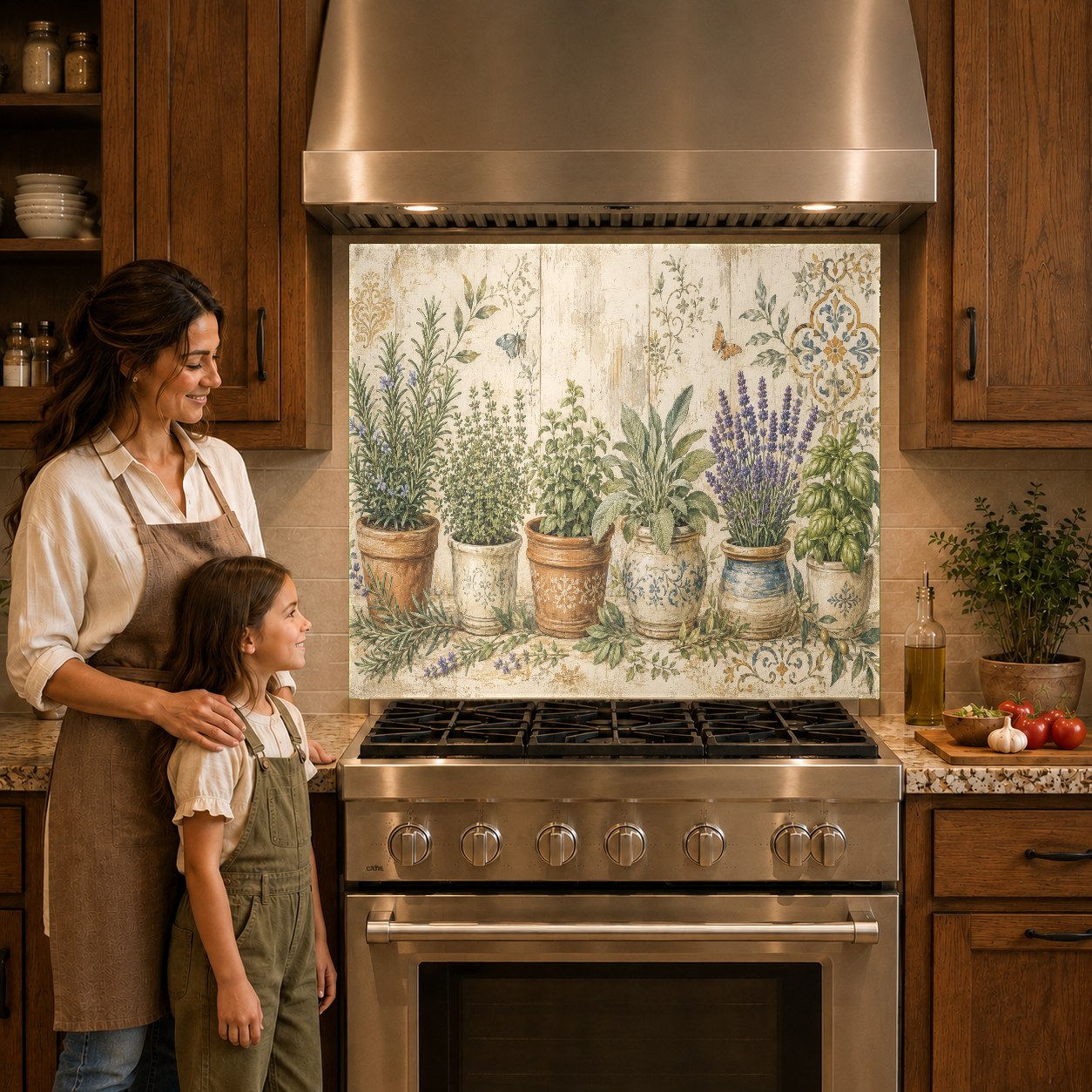 Vibrant potted flowers kitchen glass backsplash panel mounted on the wall behind a modern cooktop.