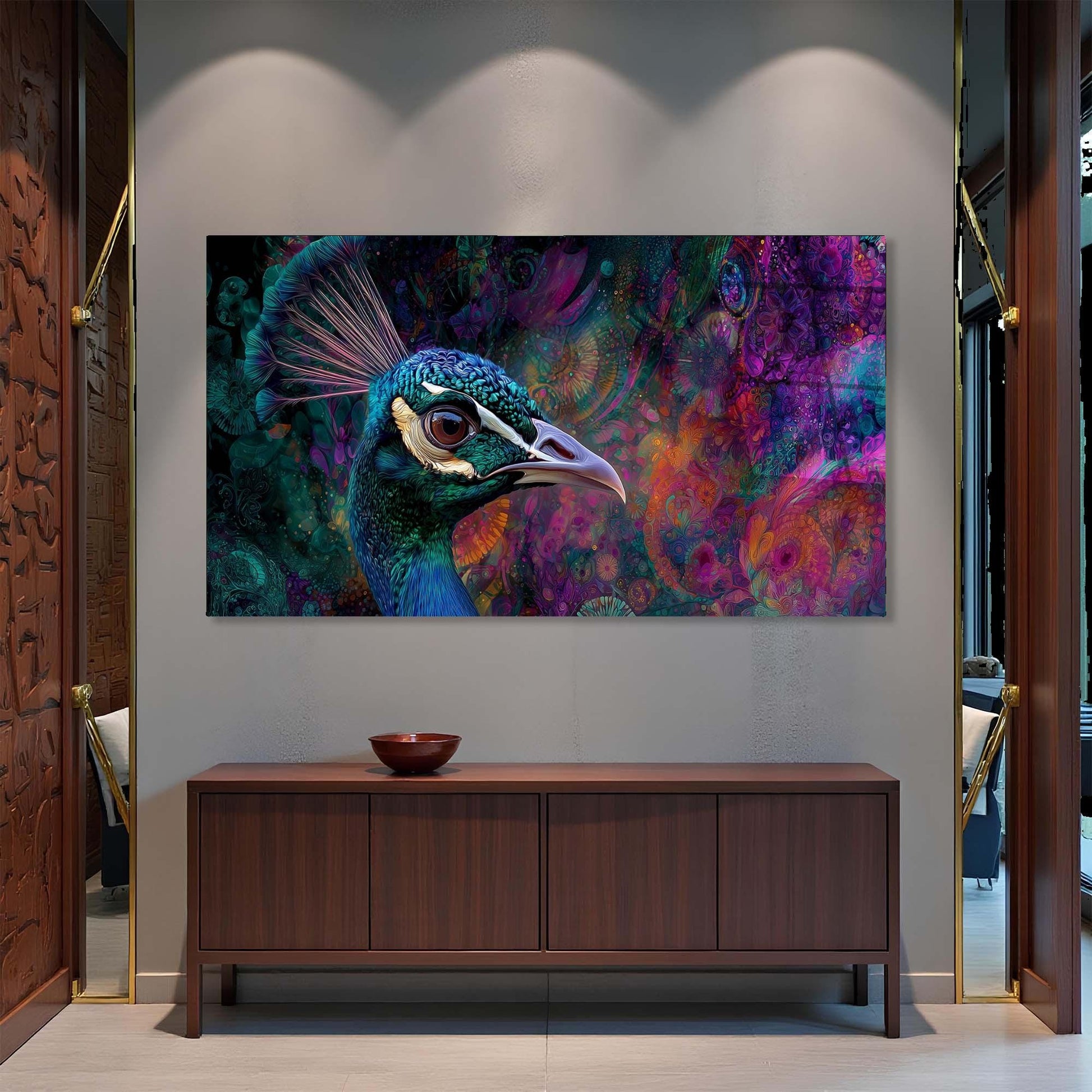 Colorful peacock painting on a wall above a wooden cabinet.