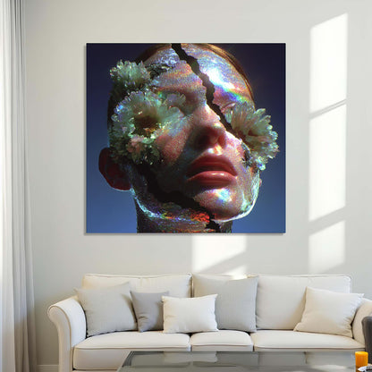 Abstract art piece on a wall above a white sofa