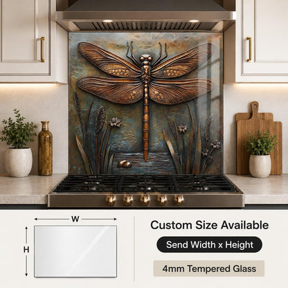 Dragonfly Metal Art Tempered Glass Kitchen Backsplash for Stove - Kitchen Wall Tile Alternative