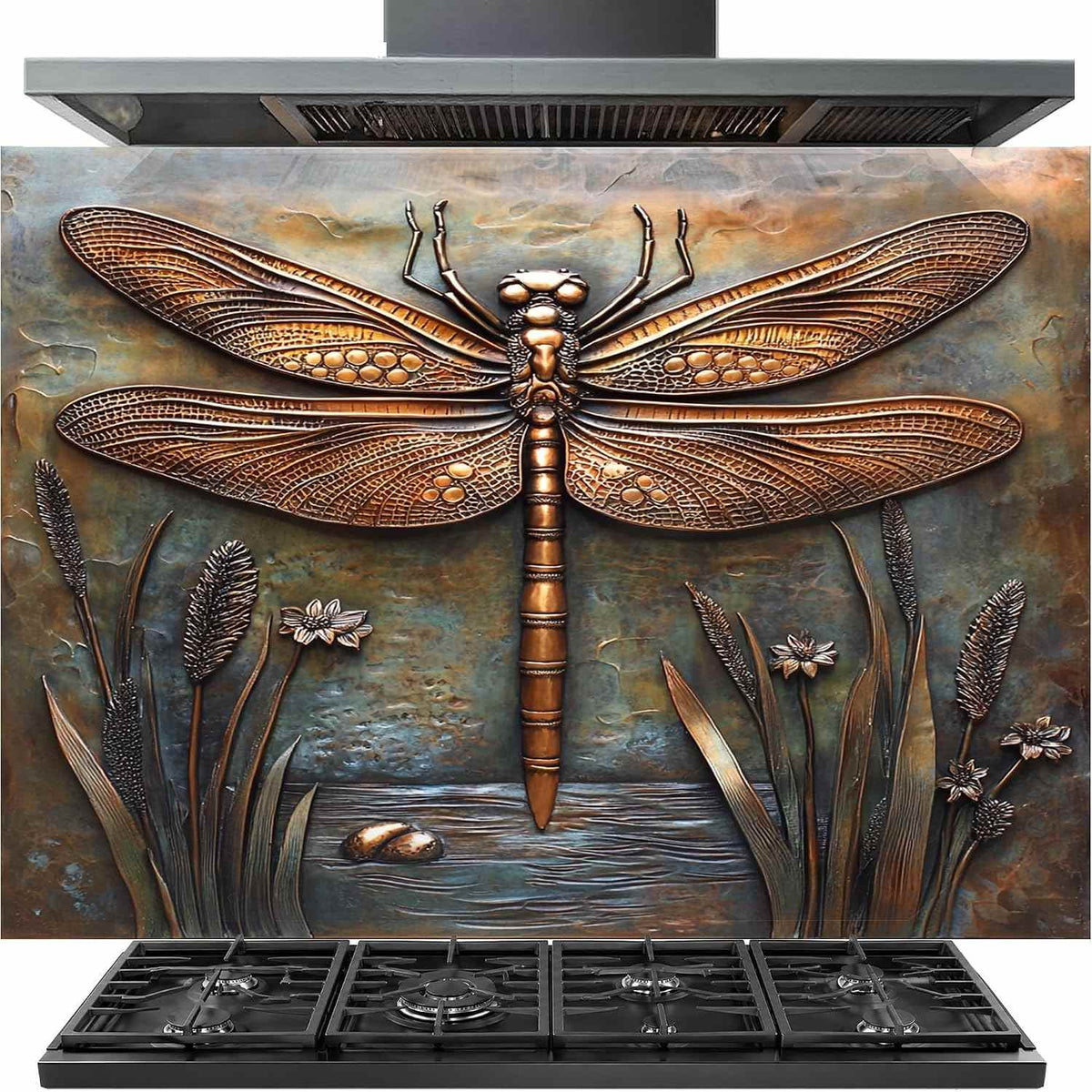 Dragonfly Metal Art Tempered Glass Kitchen Backsplash for Stove - Kitchen Wall Tile Alternative