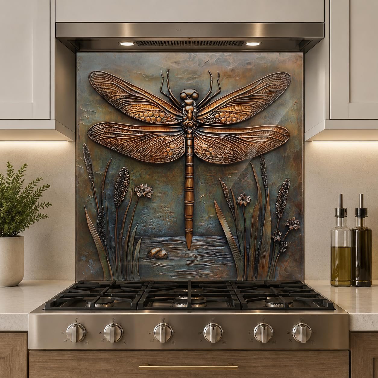 Dragonfly Metal Art Tempered Glass Kitchen Backsplash for Stove - Kitchen Wall Tile Alternative