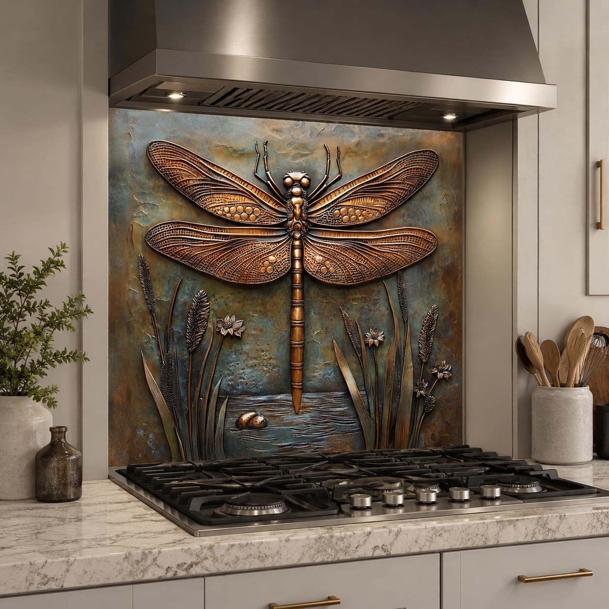 Dragonfly Metal Art Tempered Glass Kitchen Backsplash for Stove - Kitchen Wall Tile Alternative