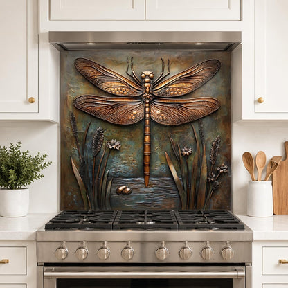 Dragonfly Metal Art Tempered Glass Kitchen Backsplash for Stove - Kitchen Wall Tile Alternative