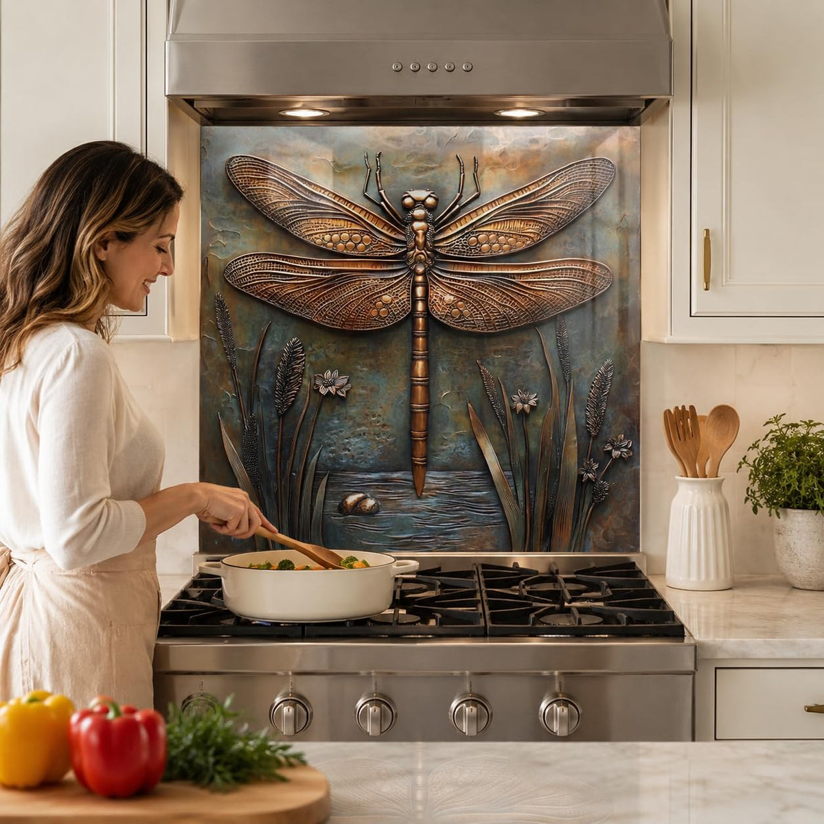 Dragonfly Metal Art Tempered Glass Kitchen Backsplash for Stove - Kitchen Wall Tile Alternative