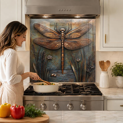 Dragonfly Metal Art Tempered Glass Kitchen Backsplash for Stove - Kitchen Wall Tile Alternative