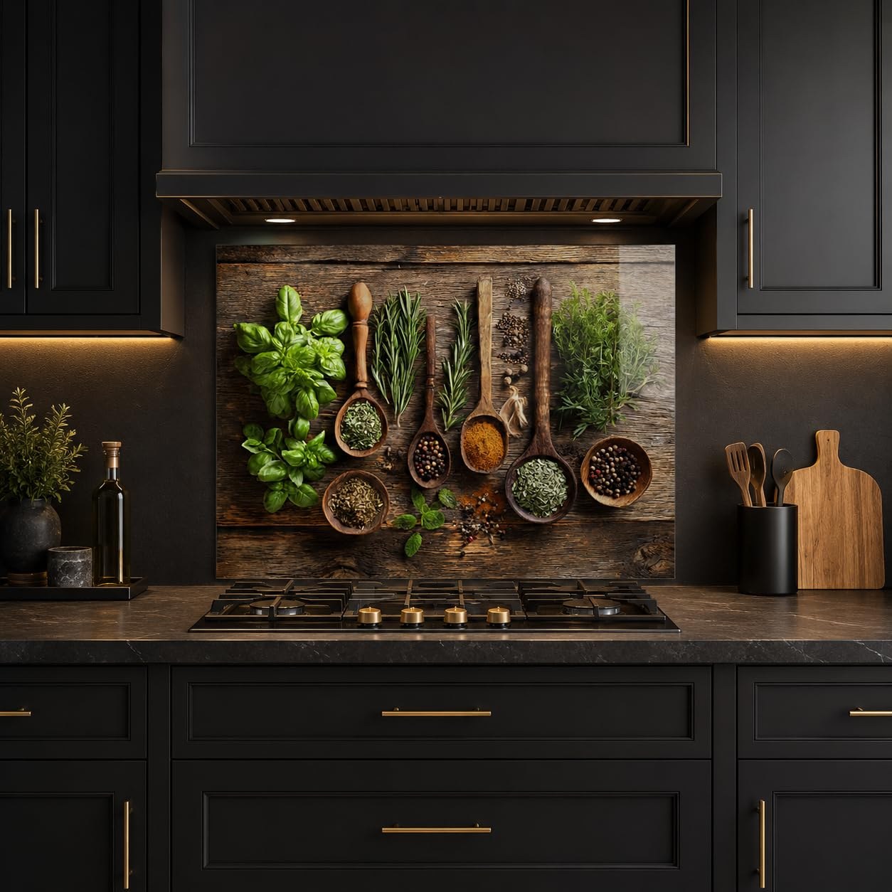Herbs and Spices Tempered Glass Kitchen Backsplash for Stove - Kitchen Wall Tile Alternative