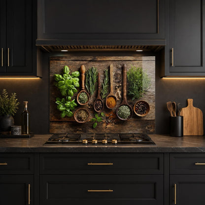 Herbs and Spices Tempered Glass Kitchen Backsplash for Stove - Kitchen Wall Tile Alternative