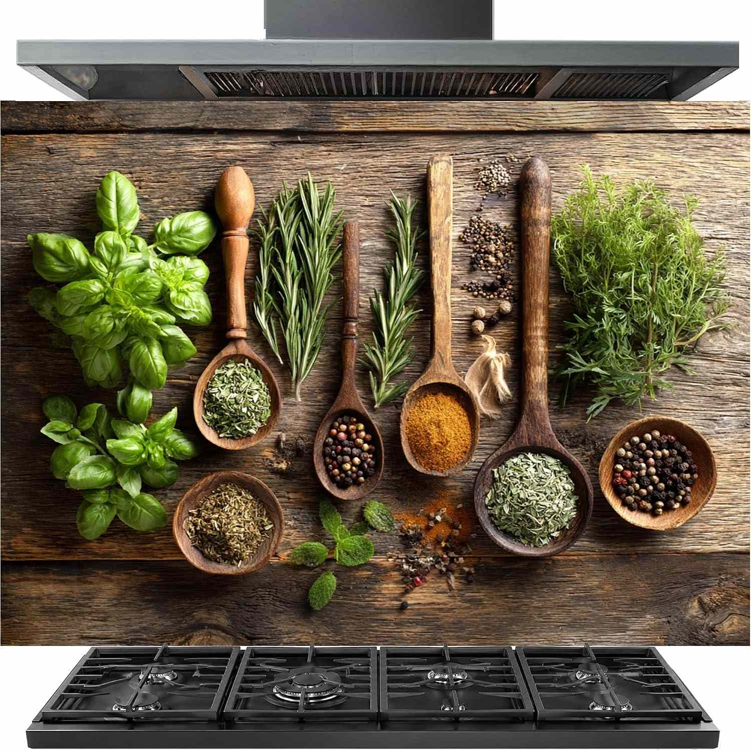 Herbs and Spices Tempered Glass Kitchen Backsplash for Stove - Kitchen Wall Tile Alternative