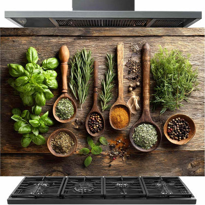 Herbs and Spices Tempered Glass Kitchen Backsplash for Stove - Kitchen Wall Tile Alternative